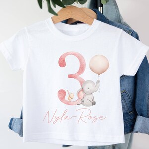 Personalised Kids It's My 3rd Birthday T-Shirt | White Polyester Tee | Jungle Safari Animals Elephant With Balloon | I Am 3 | Blush Pink