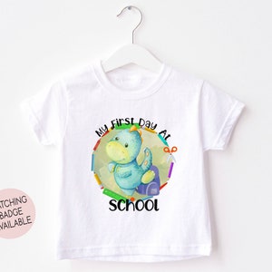 Personalised Kids My First Day At School T-Shirt | White Polyester Tee | Unisex Green & Blue Dinosaur | Matching Badge Available