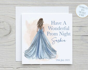 Personalised Prom Princess Card | Powder Blue Dress & Peach | Lighter Ombre Haired Brunette Girl | 6x6 Linen | On Your Prom Night Gift 2026