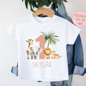 Personalised Kids T-Shirt | White Polyester | Peach Pink Jungle Safari Animals | I Am 1 | It's My 1st Birthday | Wild One | Unique Party Tee