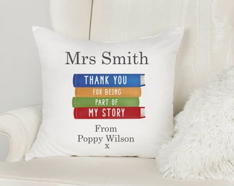 Personalised Teacher Cushion | 40x40 | Super Soft | White Cover and Inner Included | Bright Rainbow Stacking Books | Thank you For Teaching
