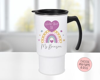 Personalised Teacher Travel Mug | 14fl oz Polymer / Polysteel Drinks Holder | End Of Year Leaving Gift | Multi Rainbow TA Teaching Assistant