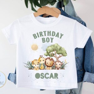 Personalised Kids Birthday Boy / Girl T-Shirt | White Polyester Tee | Jungle Safari Animals | Sage Green | Unisex Party Wear
