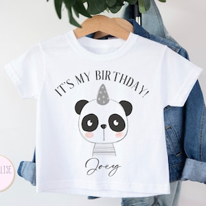 Personalised Kids It's My Birthday T-Shirt | White Polyester Tee | Cute Scandi Panda Gift | Black  & Grey | Unisex Party Wear | Age 1-10