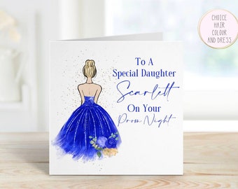 Personalised Prom Princess Card | Glitter Royal Blue | Choice of Hair Colour | 6x6&quot; White Square | To A Special Daughter On Your Prom Night