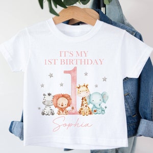 Personalised Kids It's My 1st Birthday T-Shirt | White Polyester Tee | Jungle Safari Animals With Stars | I Am 1 | Baby Blush Pink Option