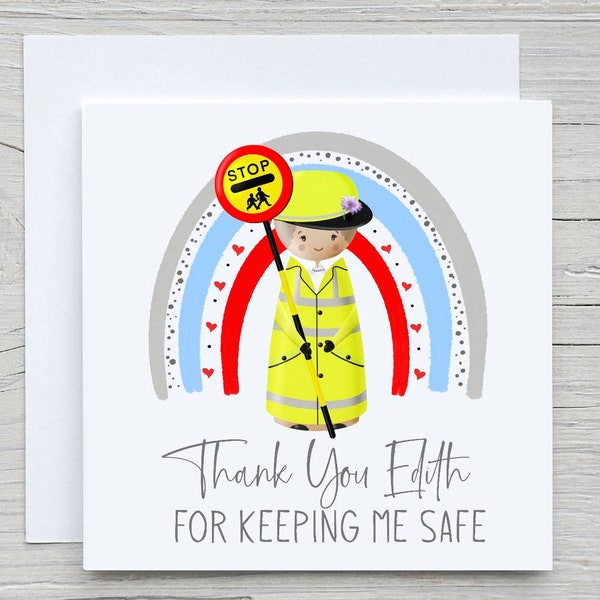 Personalised Thank You For Keeping Me Safe | Lollipop Lady Card | 6x6" White Square With Envelope | Rainbow Peg Doll | Choice Of Hair Colour