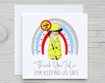 Personalised Thank You For Keeping Us Safe | Lollipop Lady Card | 6x6&quot; White Square With Envelope | Rainbow Peg Doll | Choice Of Hair Colour