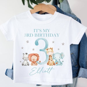 Personalised Kids It's My 3rd Birthday T-Shirt | White Polyester Tee | Jungle Safari Animals With Stars | I Am 3 | Blue Option