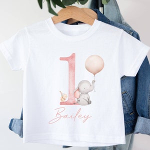 Personalised Kids It's My 1st Birthday T-Shirt | White Polyester Tee | Jungle Safari Animals Elephant With Balloon | I Am 1 | Blush Pink