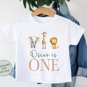 Personalised Kids It's My Birthday T-Shirt | White Polyester Tee | Boho Neutral & Beige   Jungle Safari Animals | I Am One, Two, Three, Four