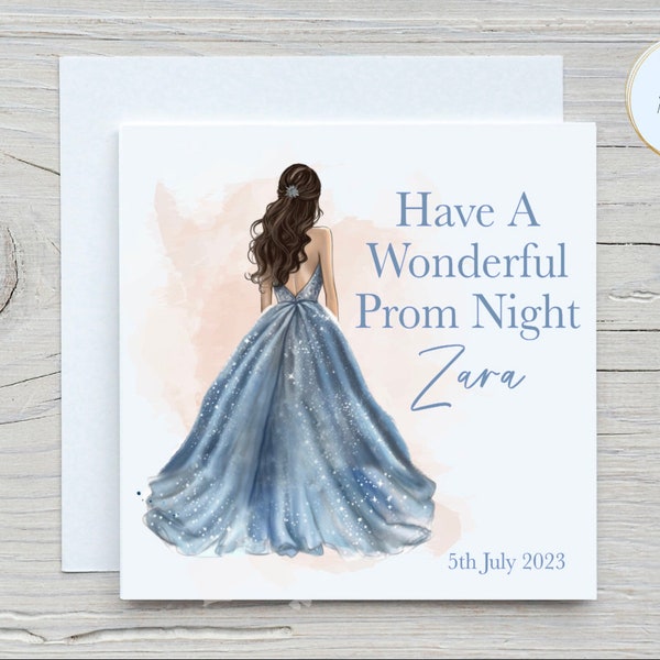 Personalised Prom Princess Card | Powder Blue Dress & Peach | Dark Haired Brunette Girl | 6x6 Linen Luxury | On Your Prom Night Gift |