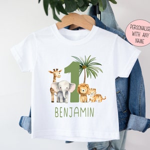 Personalised Kids T-Shirt | White Polyester | Green Jungle Safari Animals | I Am 1 | It's My 1st Birthday | Wild One | Unique Party Tee
