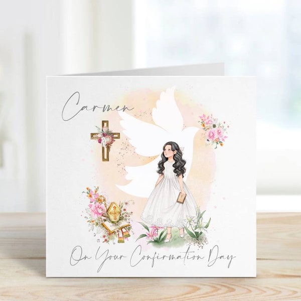 Personalised On Your Confirmation Day Card | 6x6 White 300gsm Square | Floral Black Haired Girl With Dove | Religious Keepsake