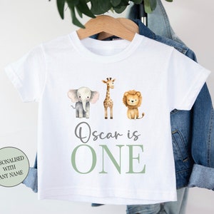 Personalised Kids It's My Birthday T-Shirt | White Polyester Tee | Boho Neutral & Sage   Jungle Safari Animals | I Am One, Two, Three, Four