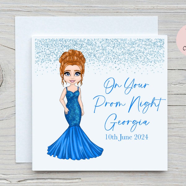 Personalised Prom Princess Card | Royal Blue Sparkle Ballgown Dress | Choice Of Hair & Eye Colour | 6x6" Linen | On Your Special Night Gift