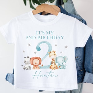 Personalised Kids It's My 2nd Birthday T-Shirt | White Polyester Tee | Jungle Safari Animals With Stars | I Am 2 | Blue Option