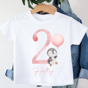 Personalised Kids It's My 2nd Birthday T-Shirt | White Polyester Tee | Jungle Safari Animals Penguin With Balloon | I Am 2 | Blush Pink