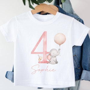 Personalised Kids It's My 4th Birthday T-Shirt | White Polyester Tee | Jungle Safari Animals Elephant With Balloon | I Am 4 | Blush Pink