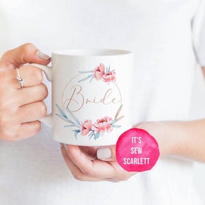 Personalised Bridal Party White Ceramic Mug | Bride, Bridesmaid, Maid Of Honour, Mother of The Bride / Groom | Pink & Gold Floral Frame
