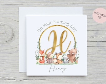Tarjeta personalizada para el día de su bautizo / Animales del bosque con inicial / Cuadrado de lino blanco de 6x6" y sobre / Alternativa no religiosa