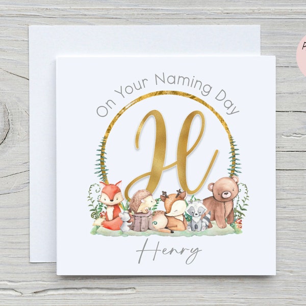 Personalised On Your Naming Day Card | Brown & Pink Teddy Bear With Crown | 6 x 6 White Linen Square With Envelope | Floral Rainbow