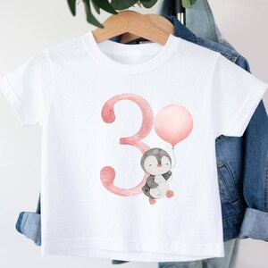 Kids It's My  Birthday T-Shirt | White Polyester Tee | Jungle Safari Animals Penguin With Balloon | I Am 1 2 3 4 | Blush Pink | Ages 1-4