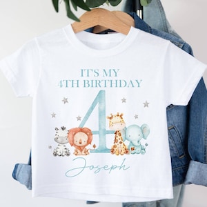Personalised Kids It's My 4th Birthday T-Shirt | White Polyester Tee | Jungle Safari Animals With Stars | I Am 4 | Blue Option