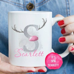 Personalised Christmas Mug | 11oz White Ceramic Cup | Blush Pink & Silver Reindeer Antler Initial Gift | Family Hot Chocolate Xmas Eve Box