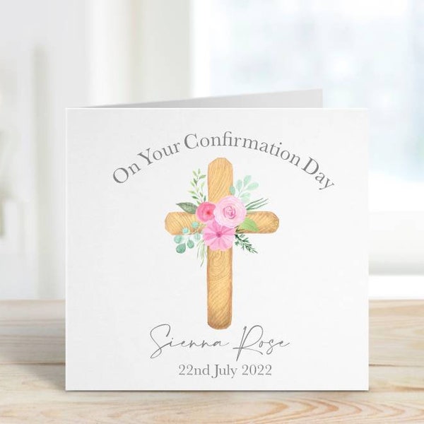 Personalised On Your Confirmation Day Card | 6x6 White Linen Square | Pink and Green Floral Cross | Religious Keepsake