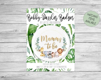 Personalised Mummy or Daddy To Be  Badge | Gender Reveal Baby Shower Gift | Jungle Eucalyptus Wreath Theme Pin Badge 38mm or 58mm