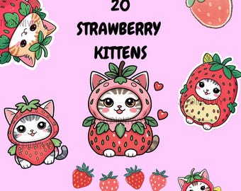 Strawberry Kittens Digital Stickers, goodnotes stickers, cute spring png, cat digital journaling set, transparent, 2D, clipart