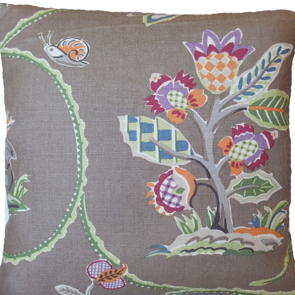 Taupe Cushion Cover Caramoor A Cowtan & Tout Linen Fabric Animals Flowers home sofa decor 16”