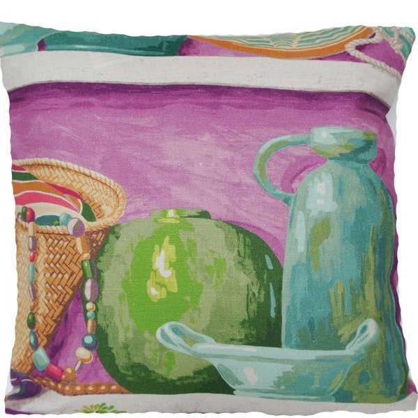 Colorful Cushion Cover Manuel Canovas Printed Linen Fabric Copacabana Bright Purple Green Pink Square 16"