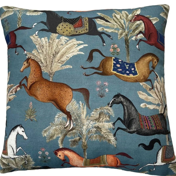 Blue Cushion Cover Arabian Horses Pattern Animal Print Sofa Throw Pillowcase 16" 18" 20" 22" 24"