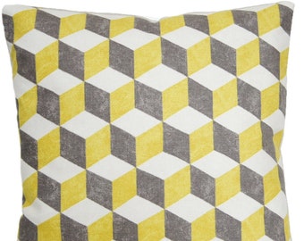 Yellow White Grey Square Cushion Cover Geometrical Pattern Pillow Case Cubes Modern Design Osborne And Little Fabric Balyan