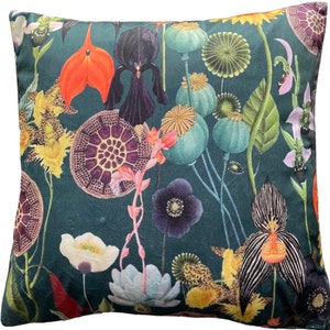 Poppy Cushion Cover Sunflowers Botanical Velvet Retro Design Green Dark Orange Yellow Lilac