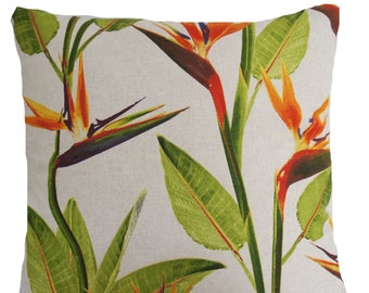 Flowers Cushion Cover Birds of Paradise Throw Pillow Case Home Sofa Decor Printed Linen Fabric Green Orange Grey 16" 18" 20"