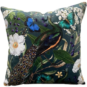 Peacock Italian Velvet Cushion Cover Green Teal White Yellow Blue Butterfly Floral Botanical