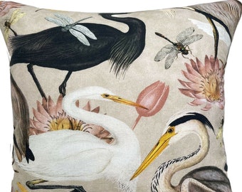 Birds Cushion Cover Herons Beige Black Yellow Printed Cotton and Velvet Lotus Tulips Flowers Botanical  Floral Animal Insects