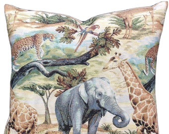 Safari Woven Tapestry Cushion Cover: Jungle Animals Throw Pillow (18x18”)