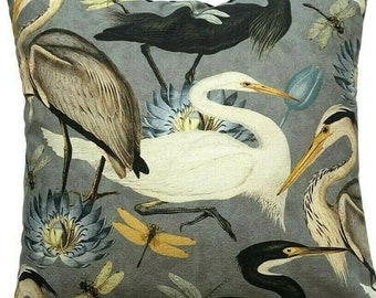 Herons Cushion Cover: Grey Cotton Fabric with Botanical Print, UK Made