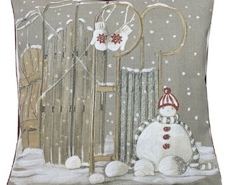 Snowman Cushion Cover Winter Design with Sledges Snowflakes Small 30x30cm Xmas Home Decor