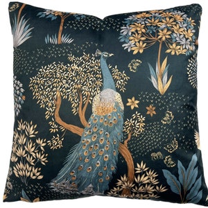 Peacock Cushion Cover 18” square Botanical Bird Printed Velvet Fabric Navy Blue Gold Bronze Teal Throw Pillow Case