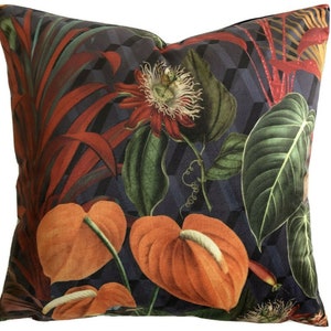 Deep Jungle Velvet Cushion Cover Animal Birds Leaves Botanical Navy Blue Green Orange Flamingo Plants Anthurium Nature Branches