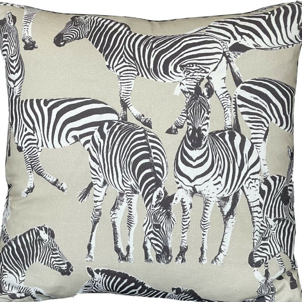 Zebra Cushion Cover Africa Savanna Kenya Safari Cotton printed Fabric Backed Velvet Light Grey Animal Jungle