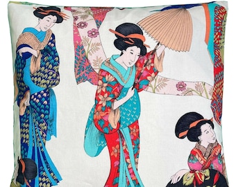 Oriental Cushion Cover Japanese Kimono Beige White Turquoise Blue Green Floral Asian Woman Decorative Pillow