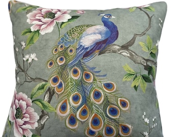 Grey Peacock Cushion Cover Pink Green Botanica Floral Japanese Tree Animal Print Bird Pillow Case