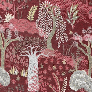 Tree of Life Luxury Woven Fabric: Baobab Adansonia in Ruby Red and Gold by the Meter