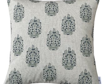 Blue Botanical Cushion Cover Linen Look Folk Floral Pillow Cottage Farmhouse Decorative Throw